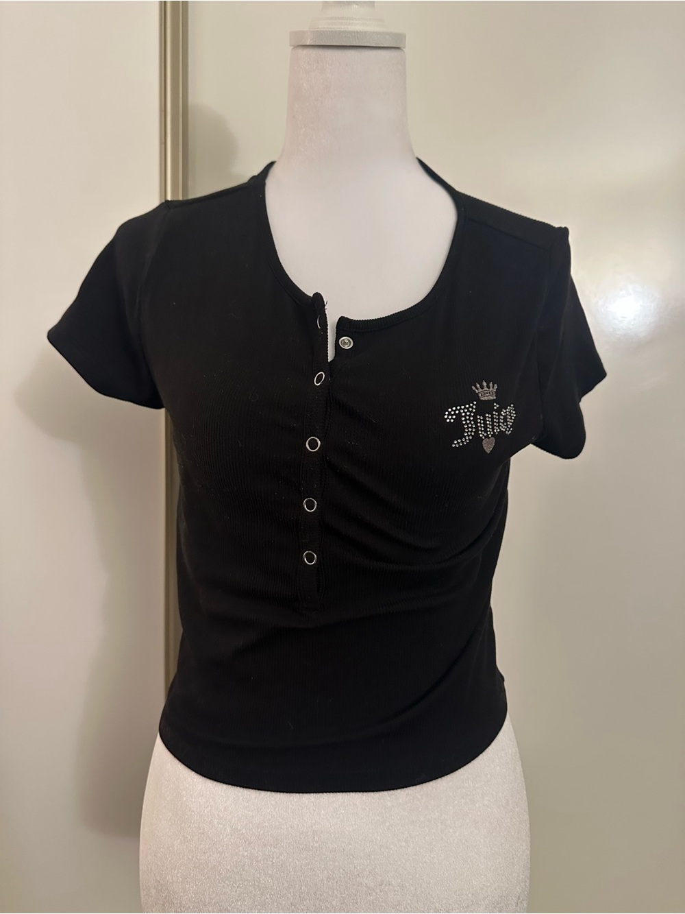 Juicy Couture Black Rhinestone Logo Short Sleeve Henley crop Top